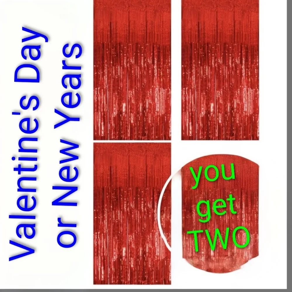Red Foil Fringe Curtains Set Of Two, Each Is Roughly 3 Ft Wide And 6.5 Ft Long